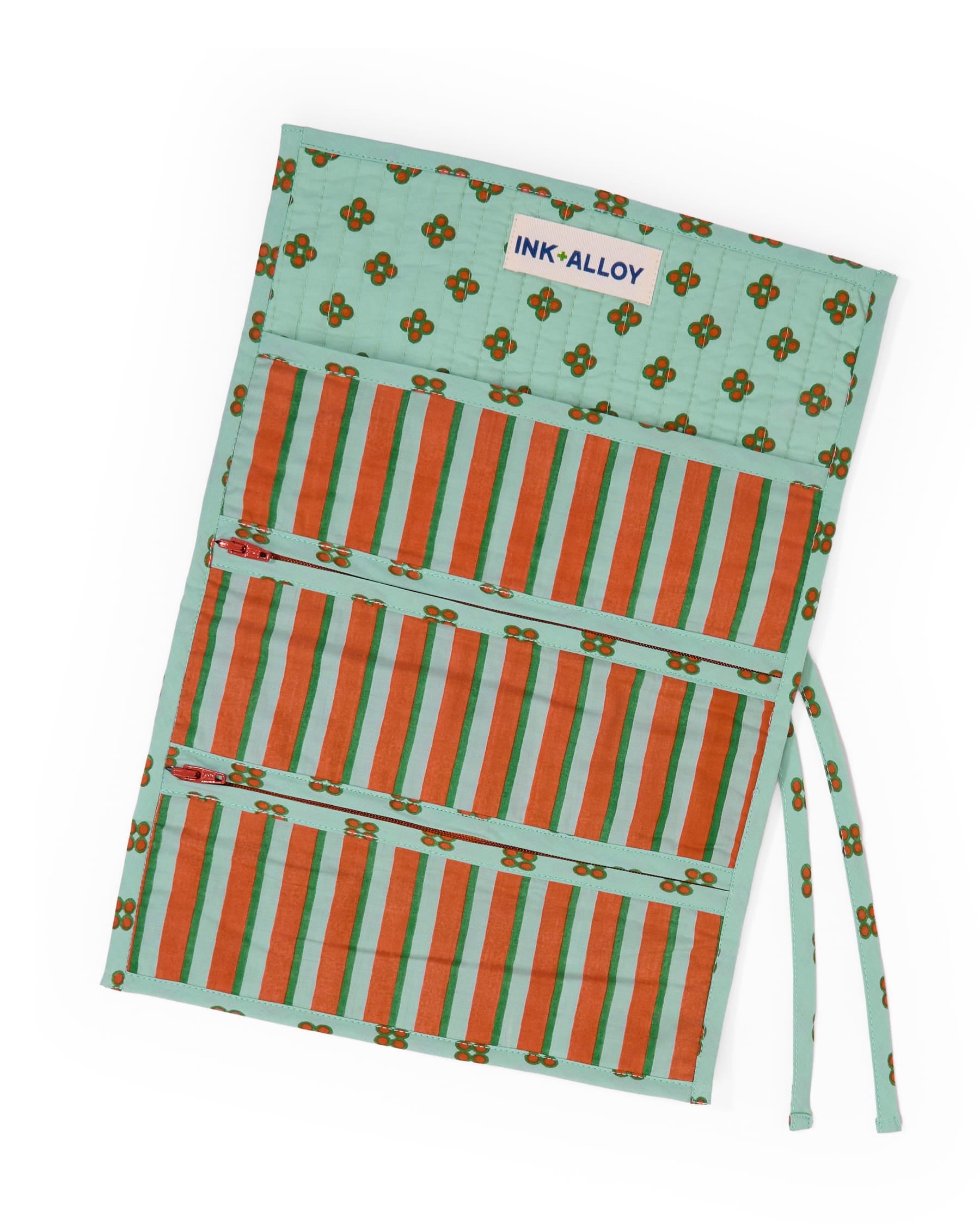 Maddie Jewelry Roll Sage + Rust Stripes With Dot Trim + Lining Jewelry Roll