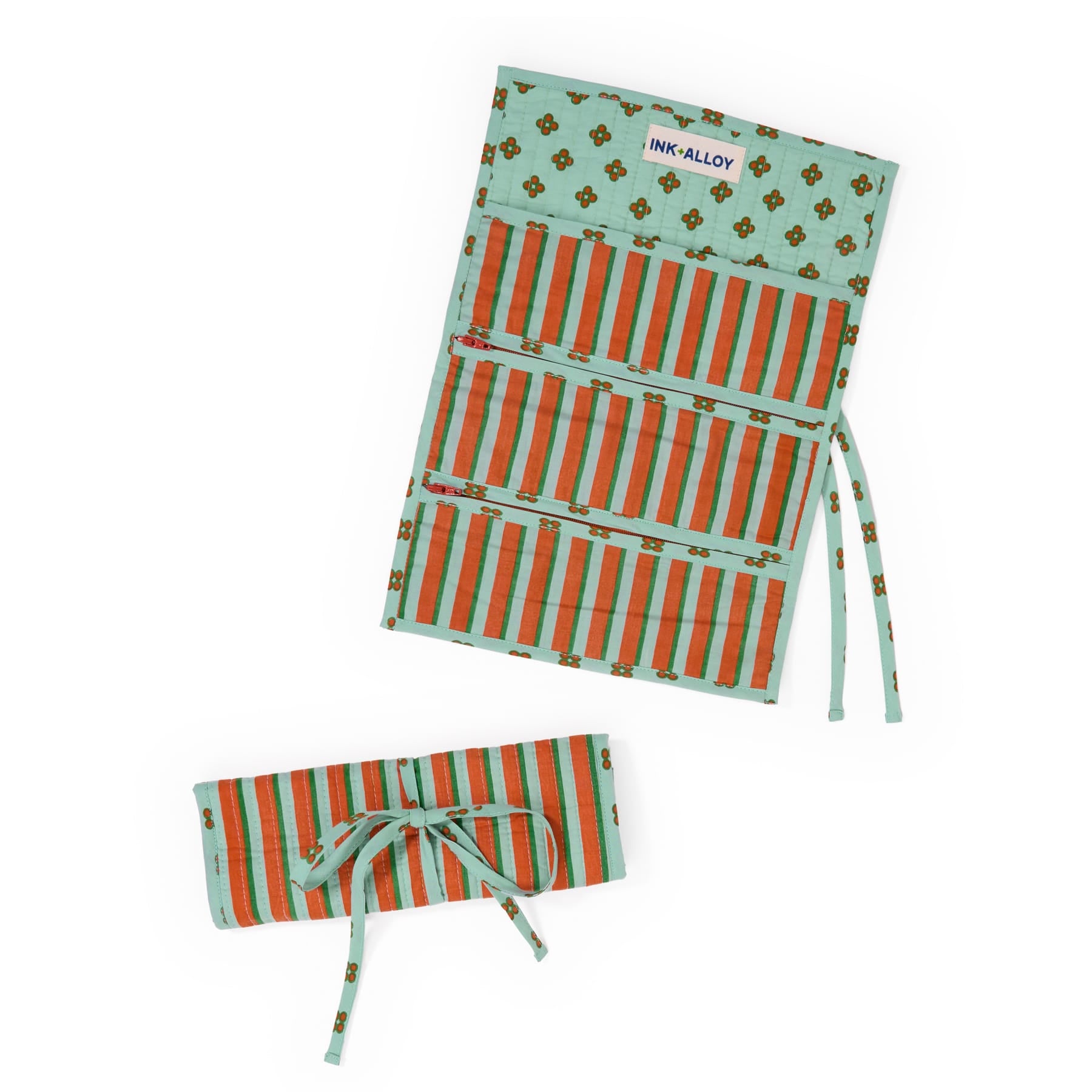 Maddie Jewelry Roll Sage + Rust Stripes With Dot Trim + Lining Jewelry Roll