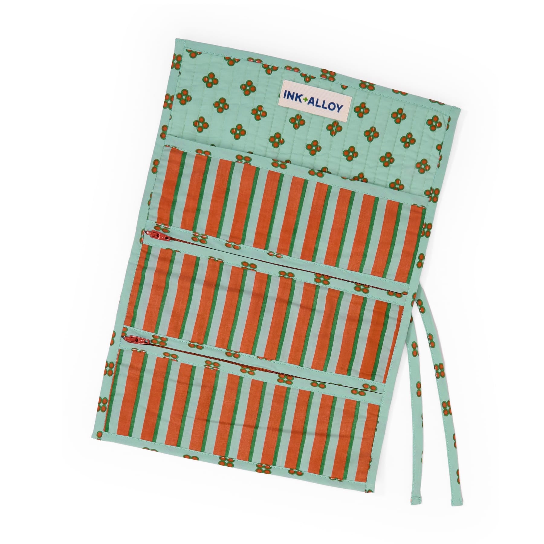 Maddie Jewelry Roll Sage + Rust Stripes With Dot Trim + Lining Jewelry Roll