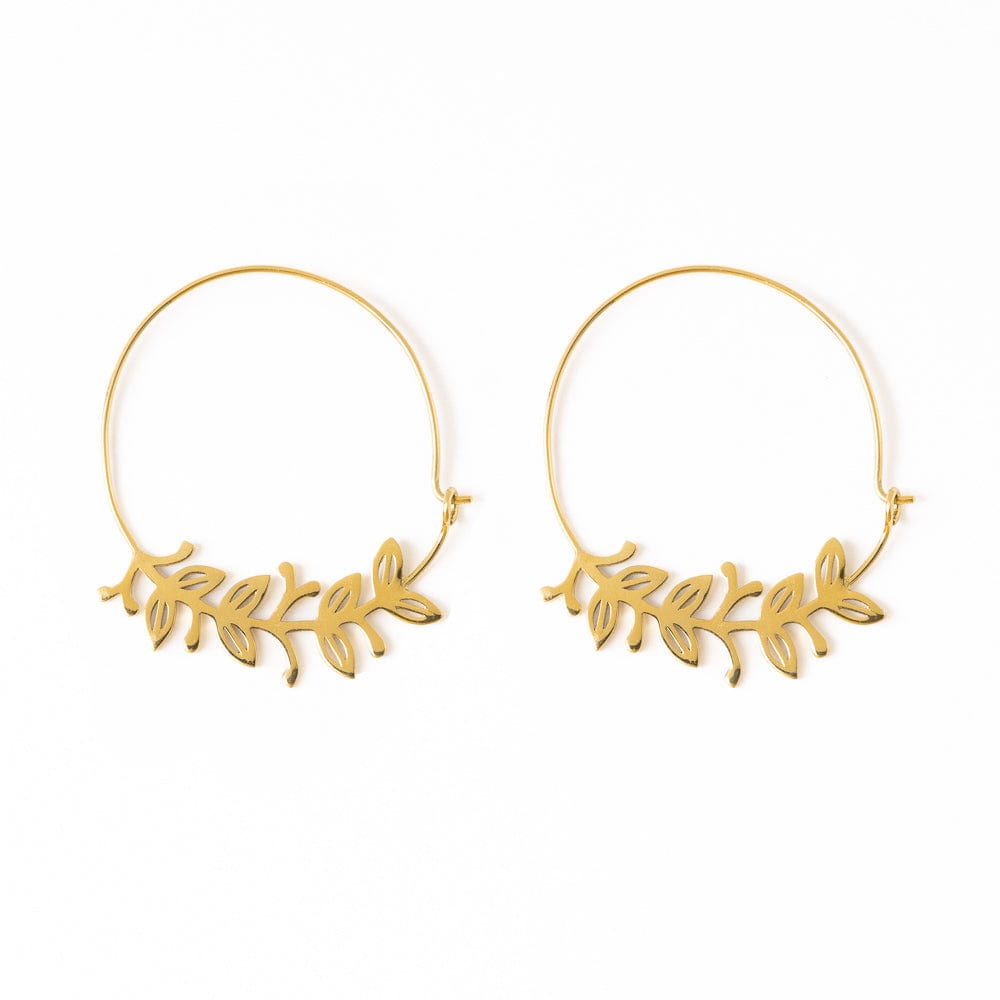 Madelyn Botanical Leaves Thin Circle Hoop Earrings Brass Hoops