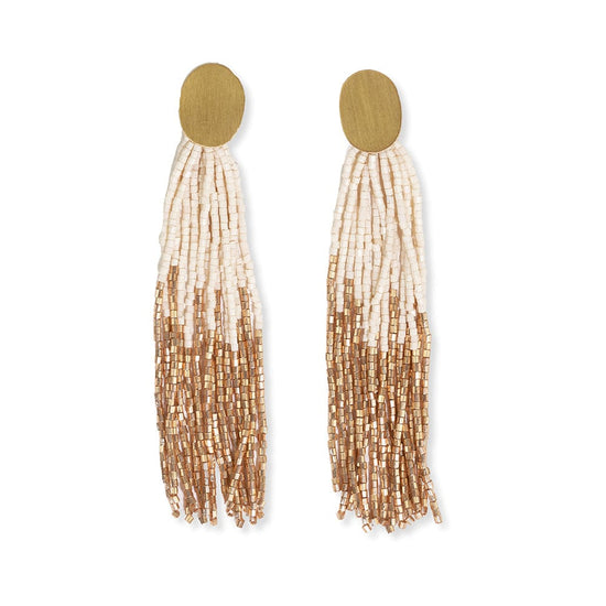 Load image into Gallery viewer, Mae Oval Brass Post 2-Color Beaded Tassel Earrings Ivory SHORT FRINGE
