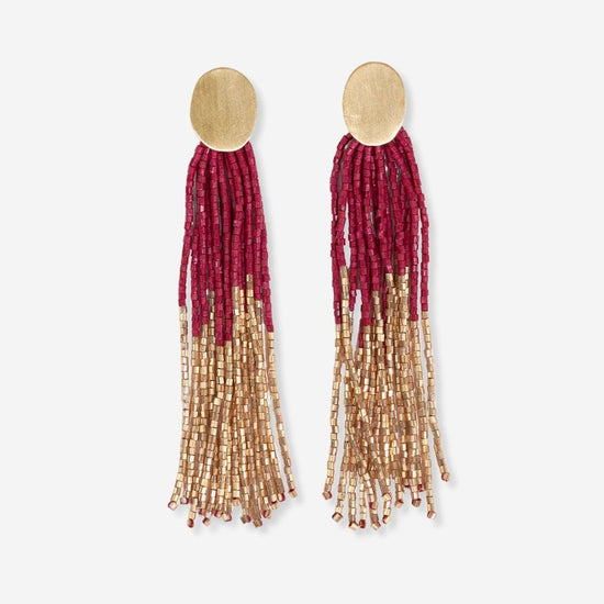 Mae Oval Brass Post 2-Color Beaded Tassel Earrings Red Earrings