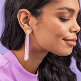 Mae Oval Brass Post Two-Color Beaded Tassel Earrings White Earrings
