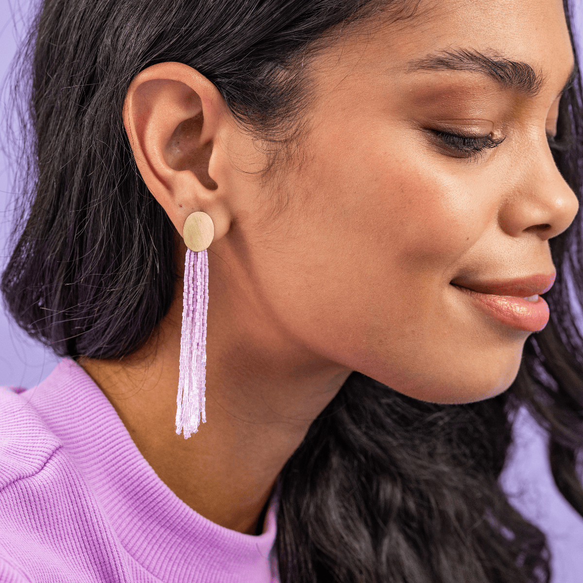 Mae Oval Brass Post Two-Color Beaded Tassel Earrings White Earrings