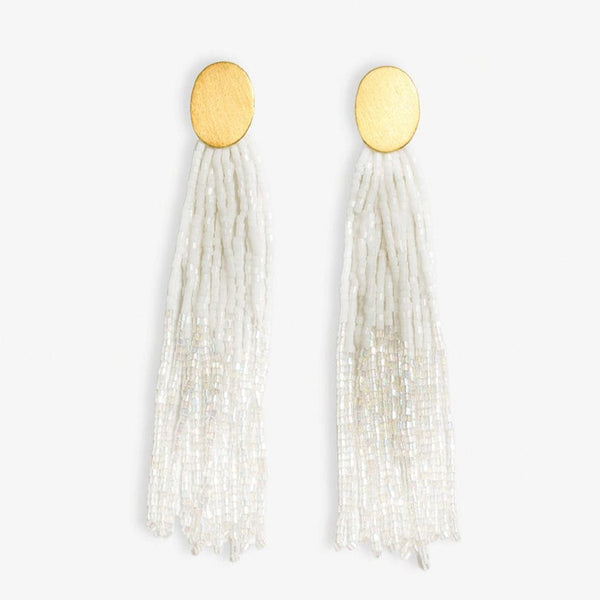 Mae Oval Brass Post Two-Color Beaded Tassel Earrings White