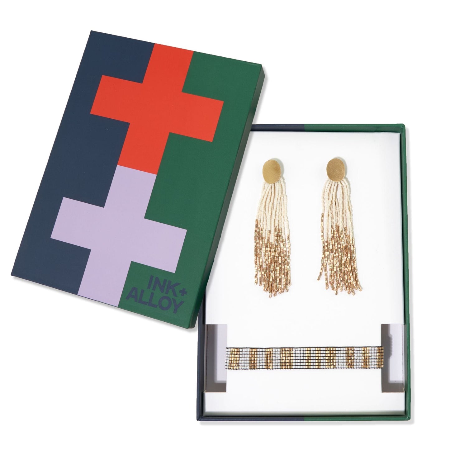 Mae tassel beaded earrings and Alex vertical lines bracelet set Ivory/Gold