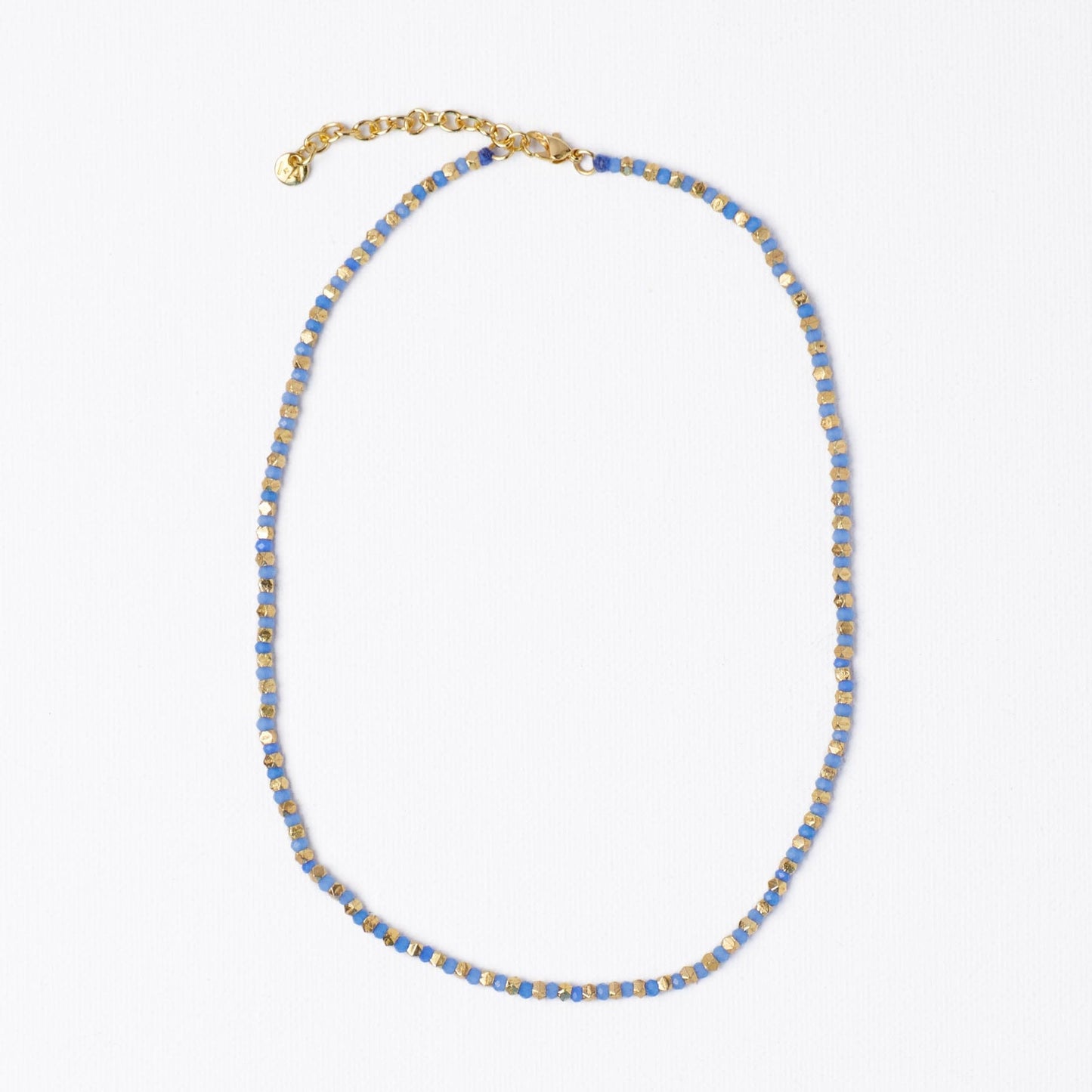 Maren Crystal Necklace With Alternating Brass Beads Blue + Gold Single Strand