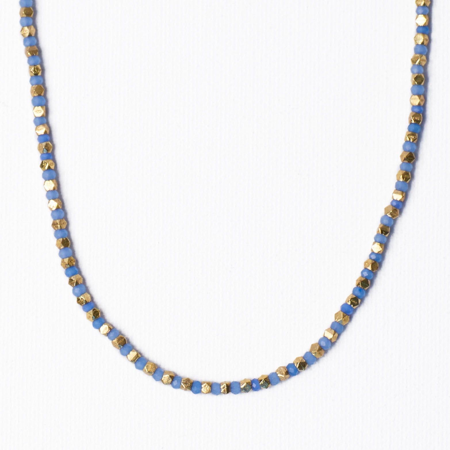 Maren Crystal Necklace With Alternating Brass Beads Blue + Gold Single Strand