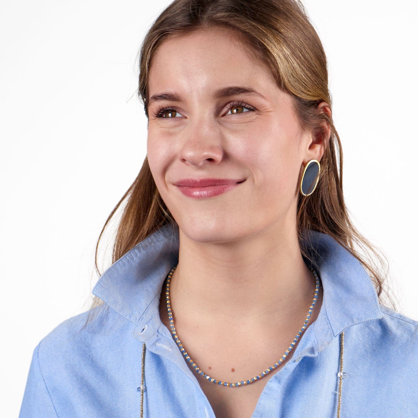 Maren Crystal Necklace With Alternating Brass Beads Blue + Gold Single Strand