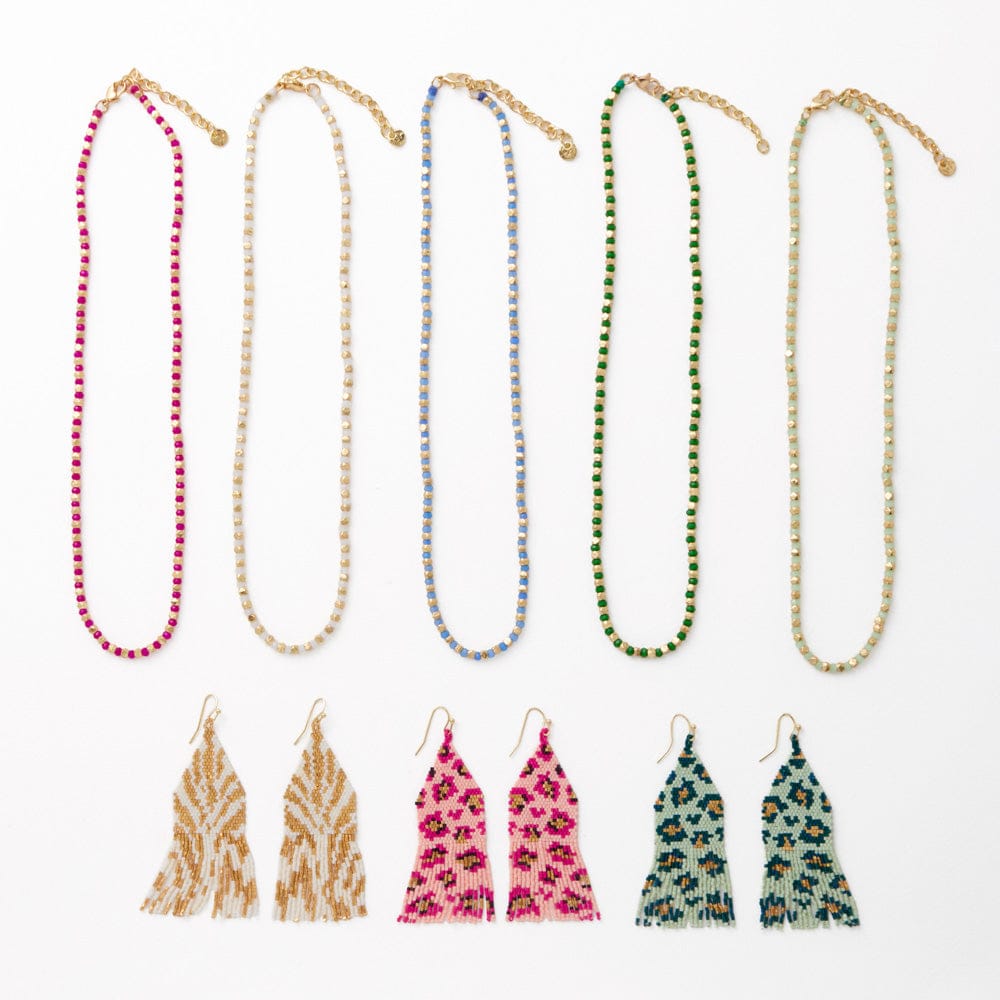 Maren Crystal Necklace With Alternating Brass Beads Blue + Gold Single Strand