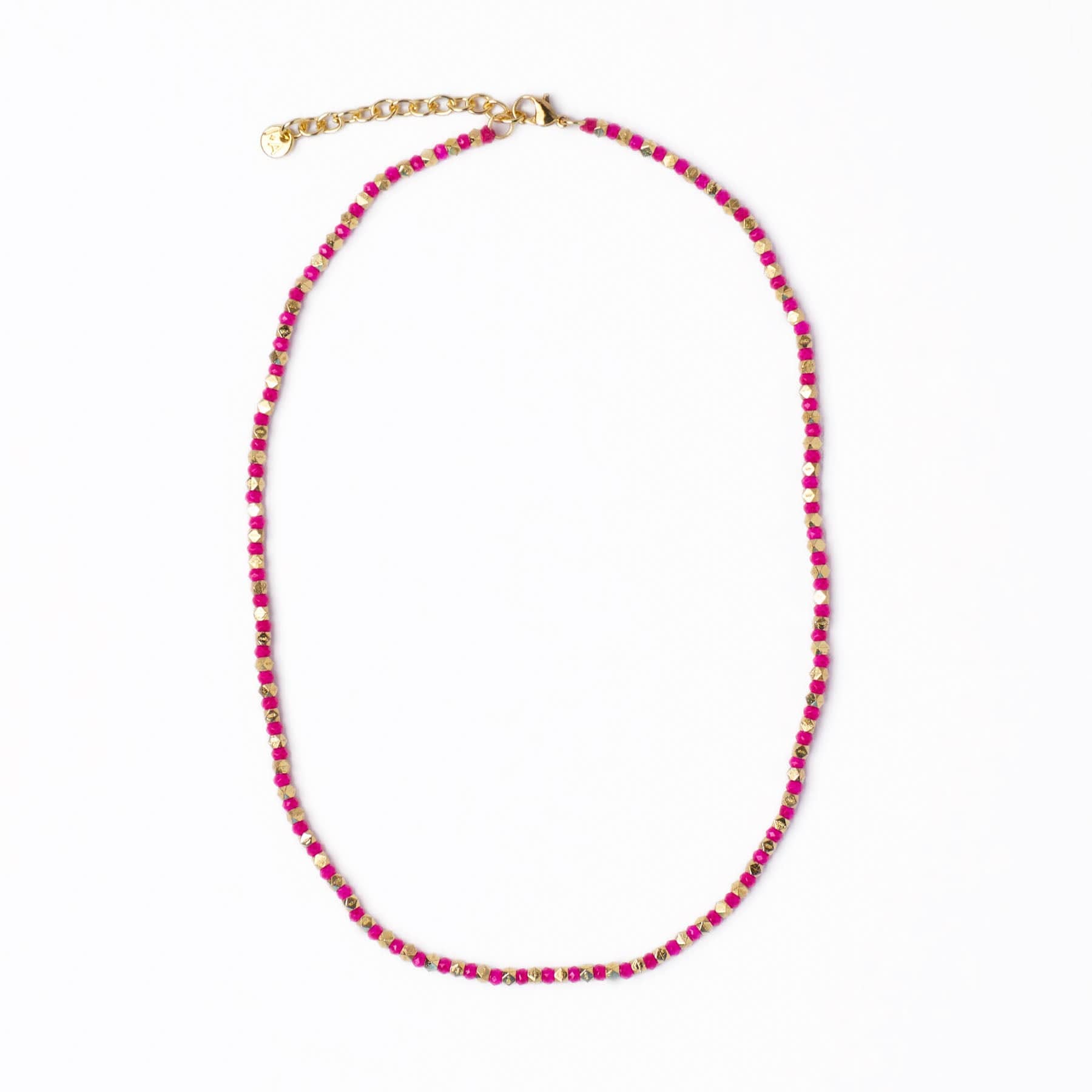 Maren Crystal Necklace With Alternating Brass Beads Hot Pink + Gold Single Strand