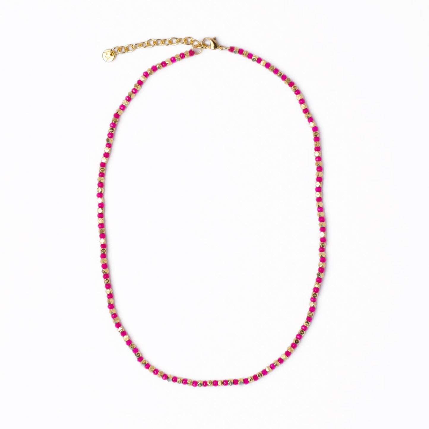 Maren Crystal Necklace With Alternating Brass Beads Hot Pink + Gold Single Strand