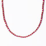 Maren Crystal Necklace With Alternating Brass Beads Hot Pink + Gold Single Strand