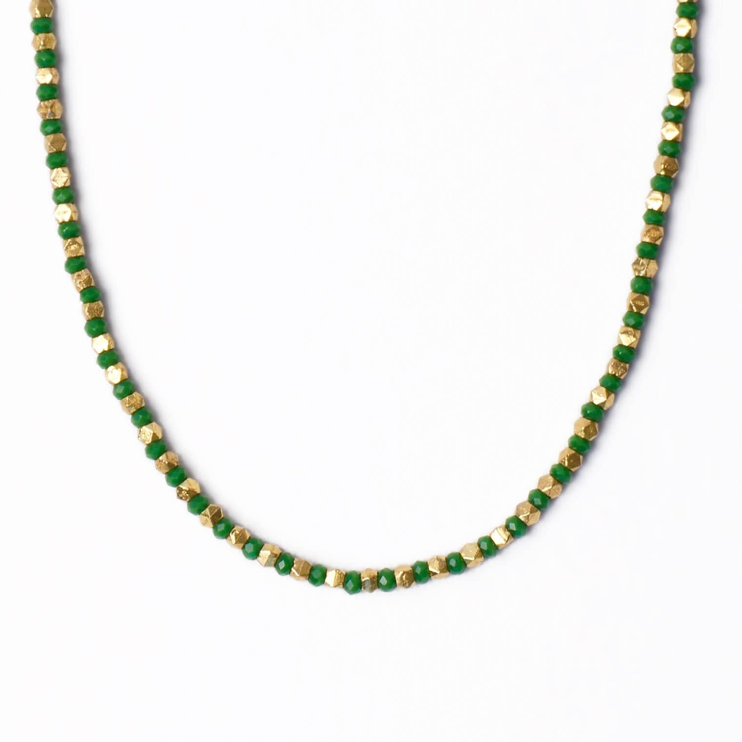 Maren Crystal Necklace With Alternating Brass Beads Kelly Green + Gold Single Strand
