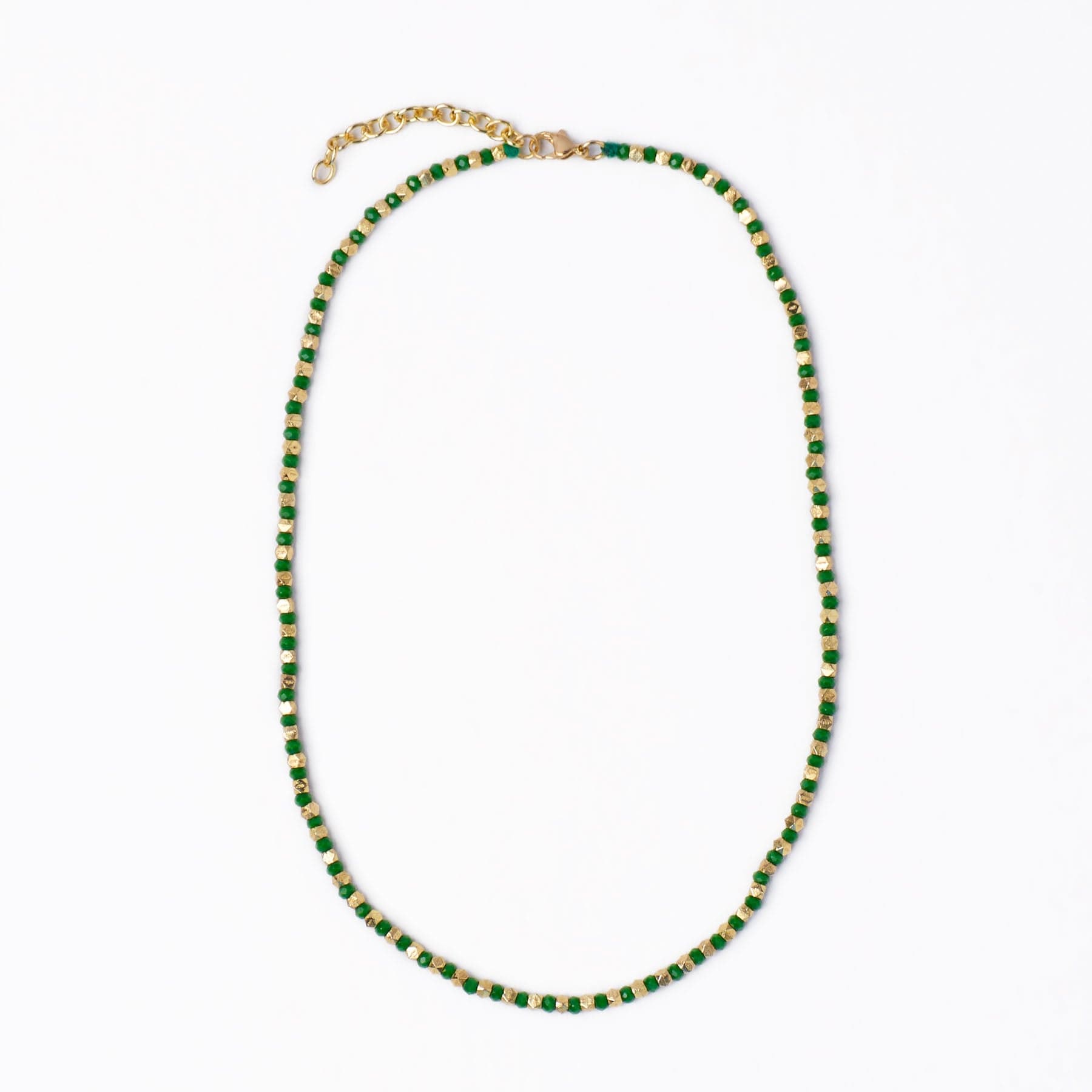 Maren Crystal Necklace With Alternating Brass Beads Kelly Green + Gold Single Strand