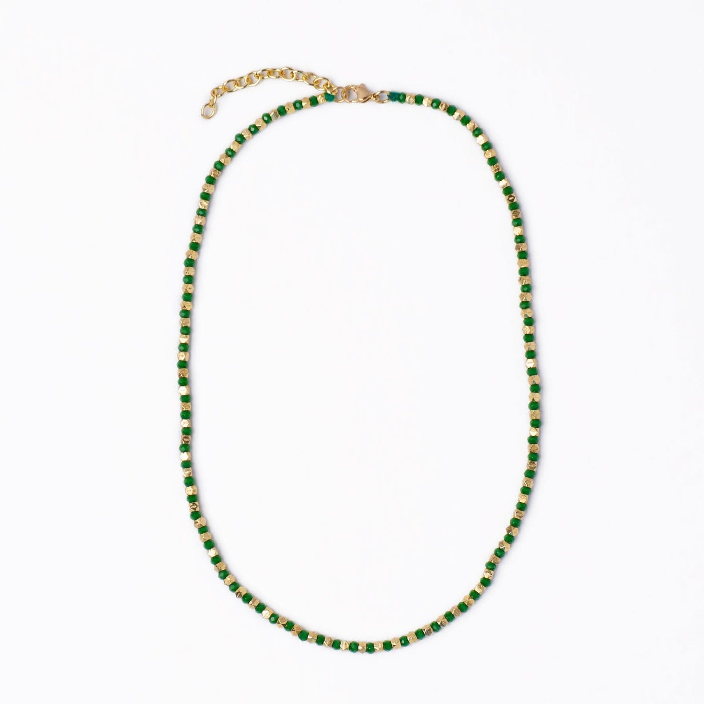 Maren Crystal Necklace With Alternating Brass Beads Kelly Green + Gold Single Strand