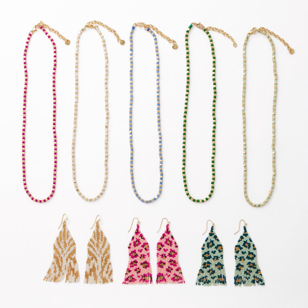 Maren Crystal Necklace With Alternating Brass Beads Kelly Green + Gold Single Strand