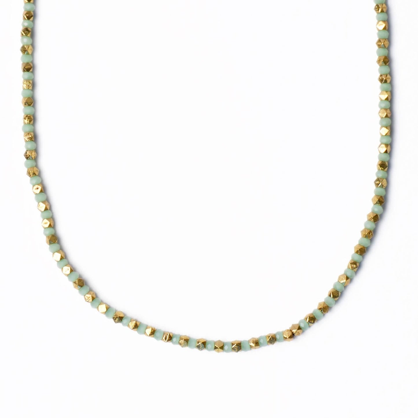 Maren Crystal Necklace With Alternating Brass Beads Mint + Gold Single Strand