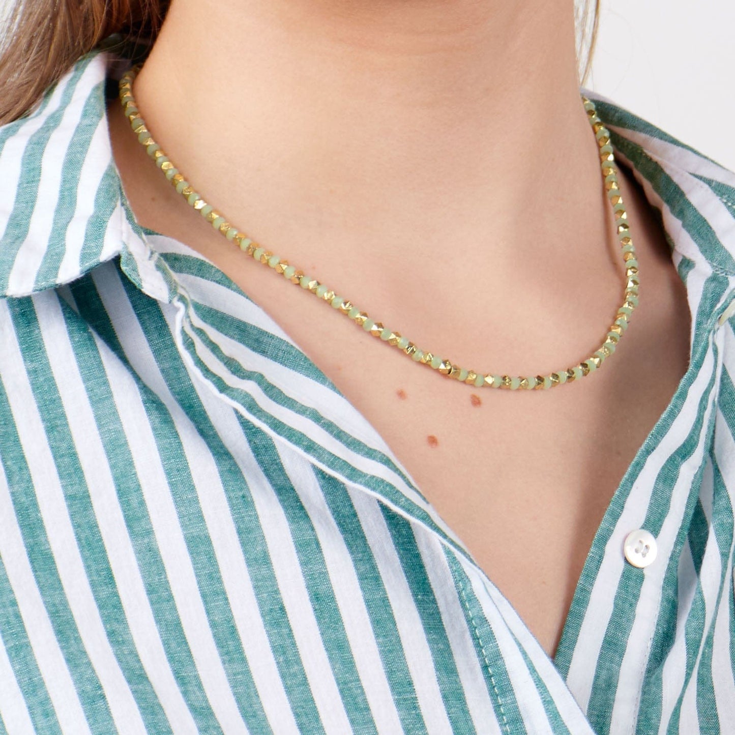 Maren Crystal Necklace With Alternating Brass Beads Mint + Gold Single Strand