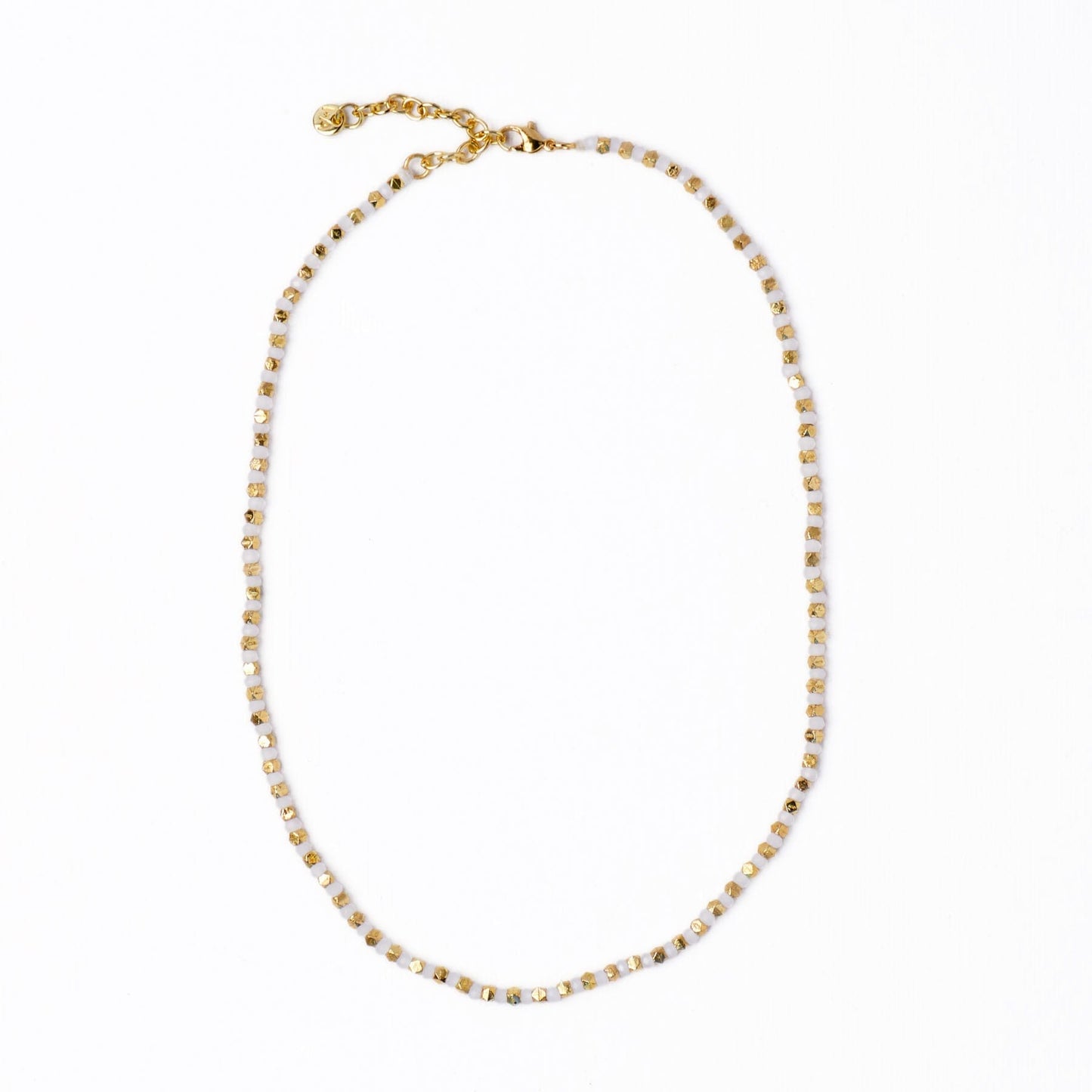 Maren Crystal Necklace With Alternating Brass Beads White + Gold Single Strand
