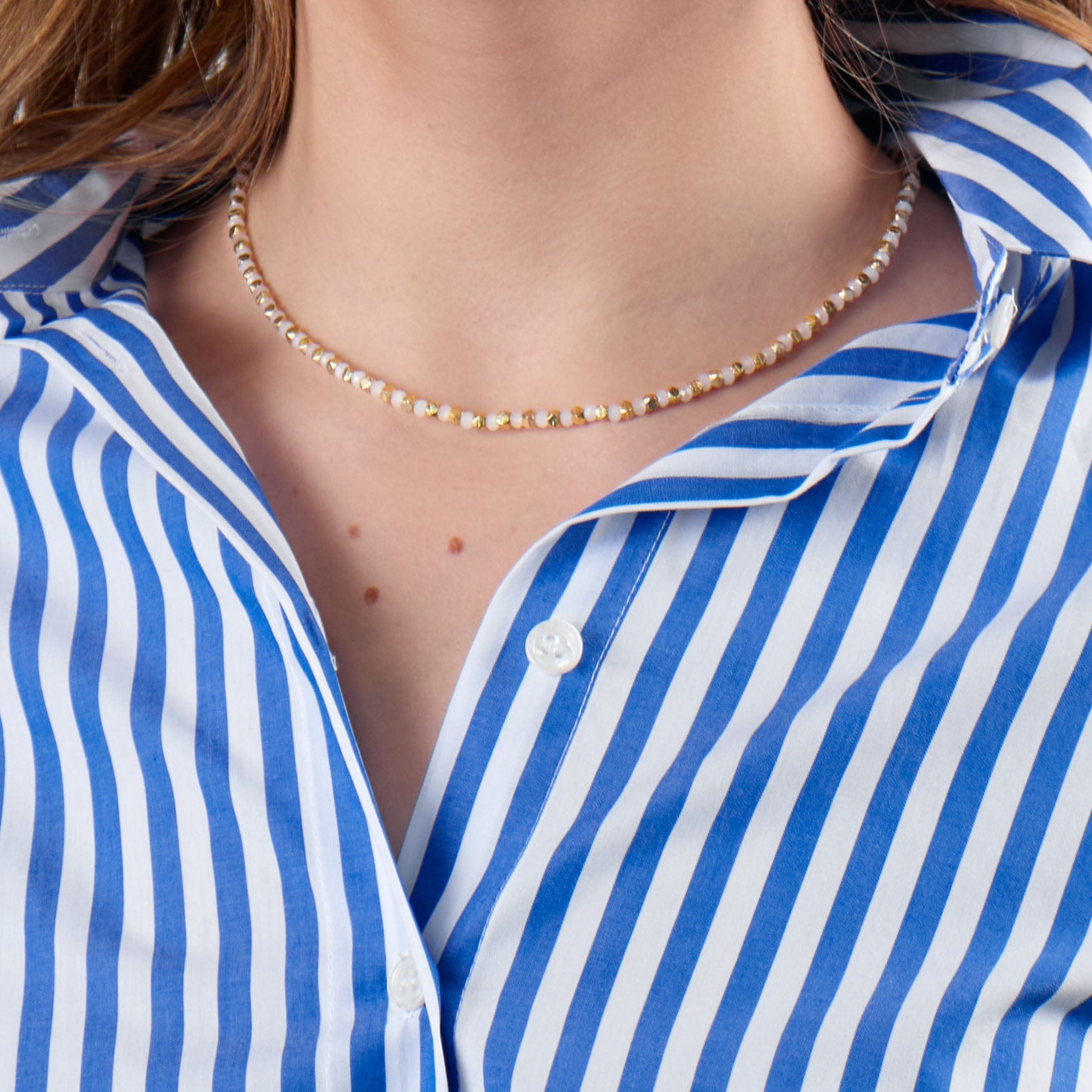 Maren Crystal Necklace With Alternating Brass Beads White + Gold Single Strand