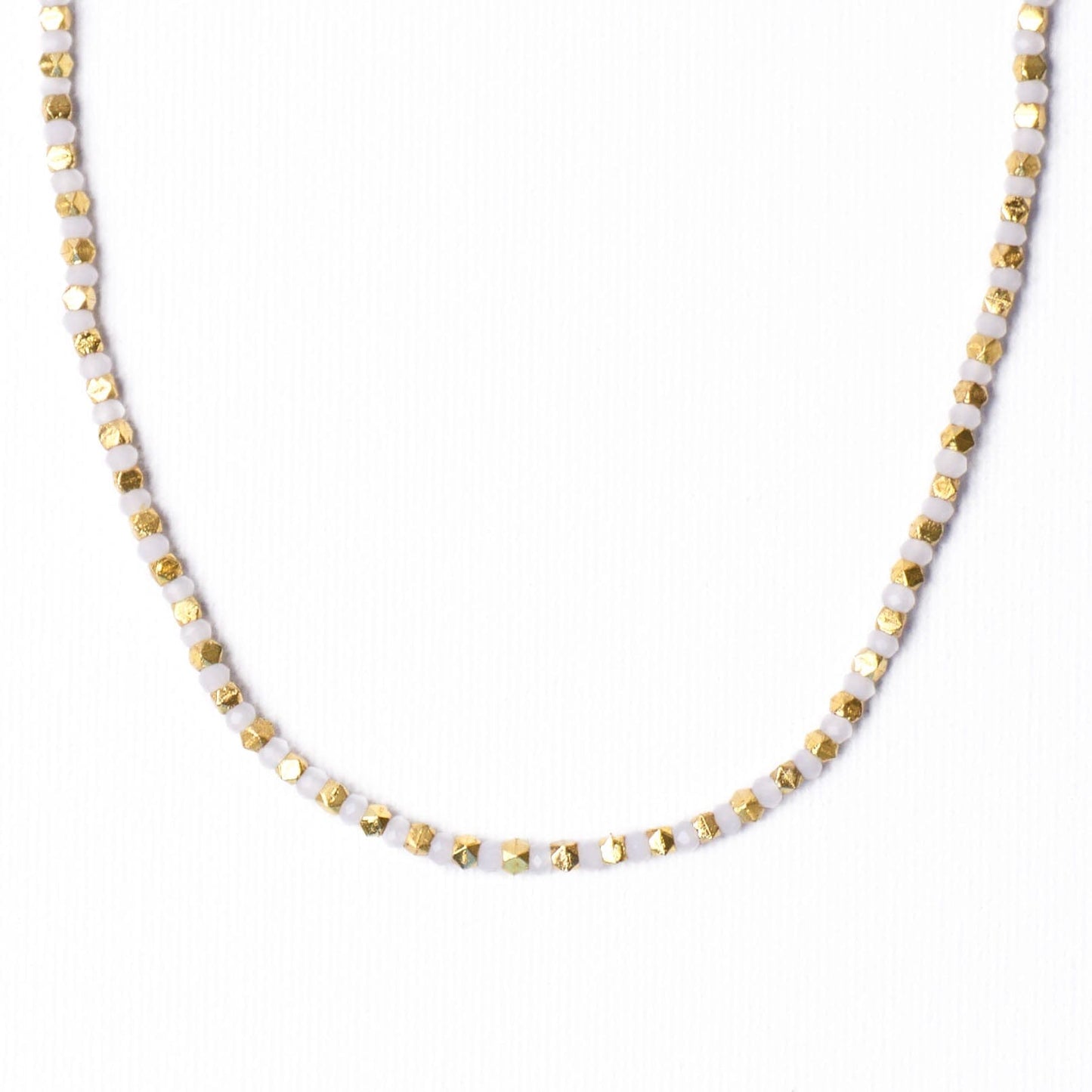 Maren Crystal Necklace With Alternating Brass Beads White + Gold Single Strand