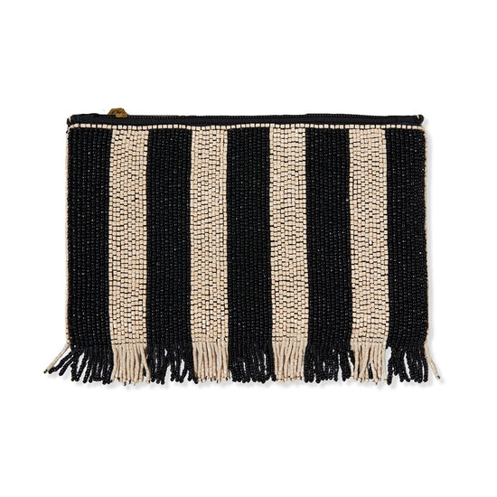 Margaret Striped With Fringe Luxe Beaded Clutch Black/Ivory