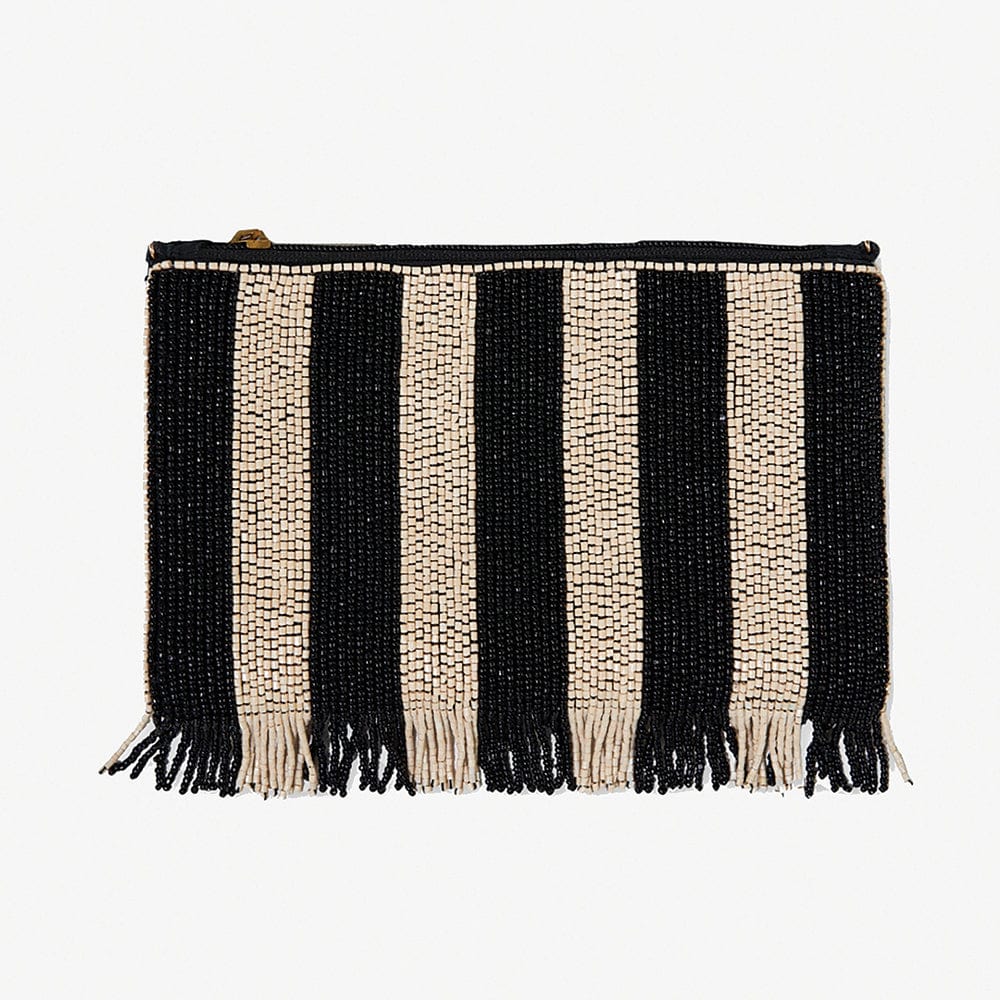 Margaret Striped With Fringe Luxe Beaded Clutch Black/Ivory