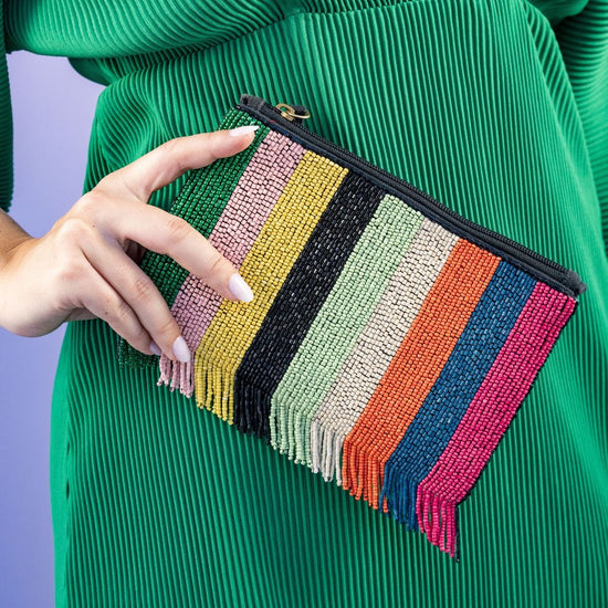 Margaret Striped With Fringe Luxe Beaded Clutch Multicolor