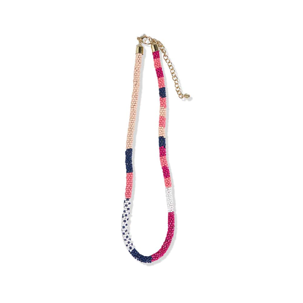 Maria Stripe and Dot Beaded Necklace Pink and Navy Necklace