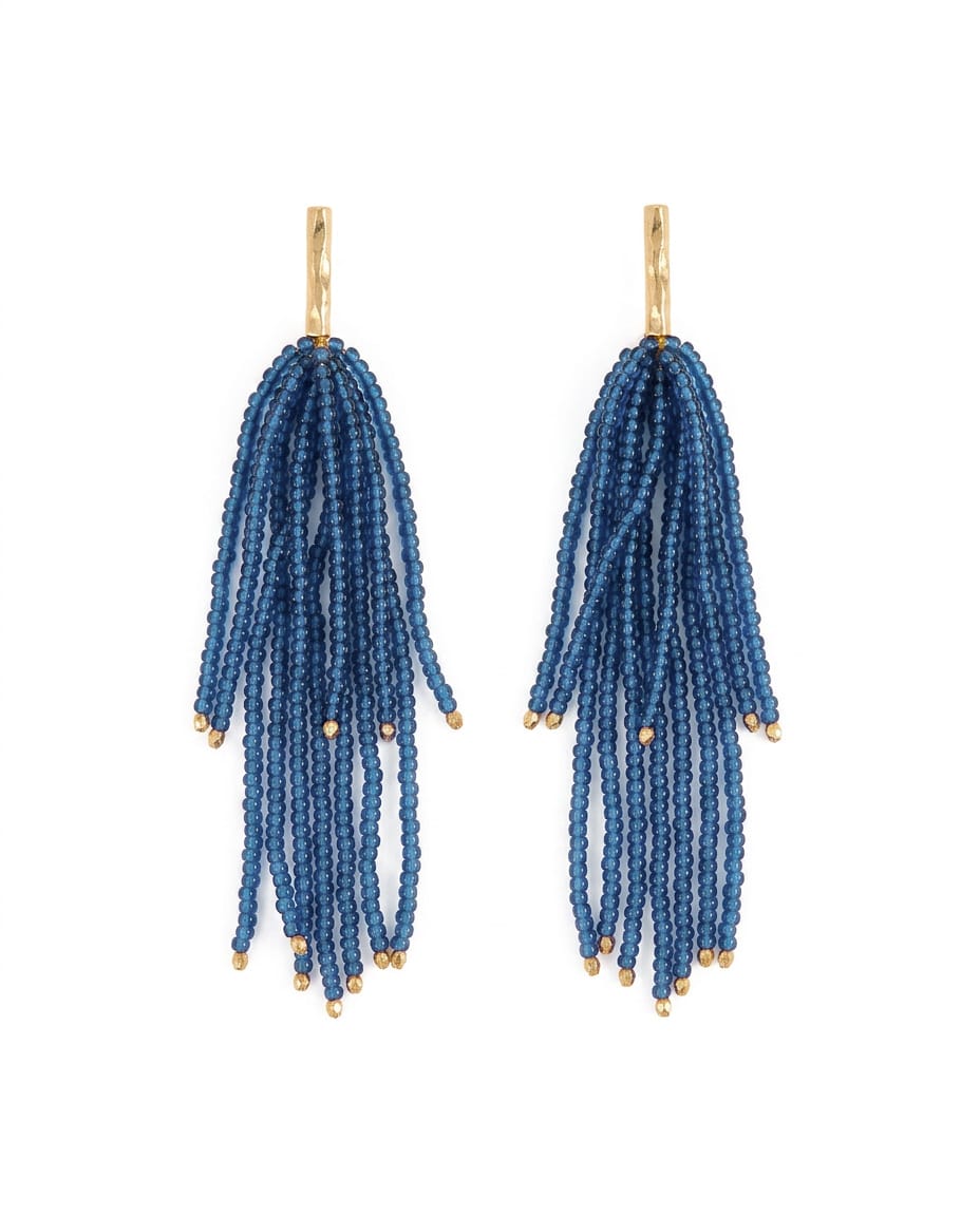 Marissa Brass + Bead Fringe Earrings Blue Fringe