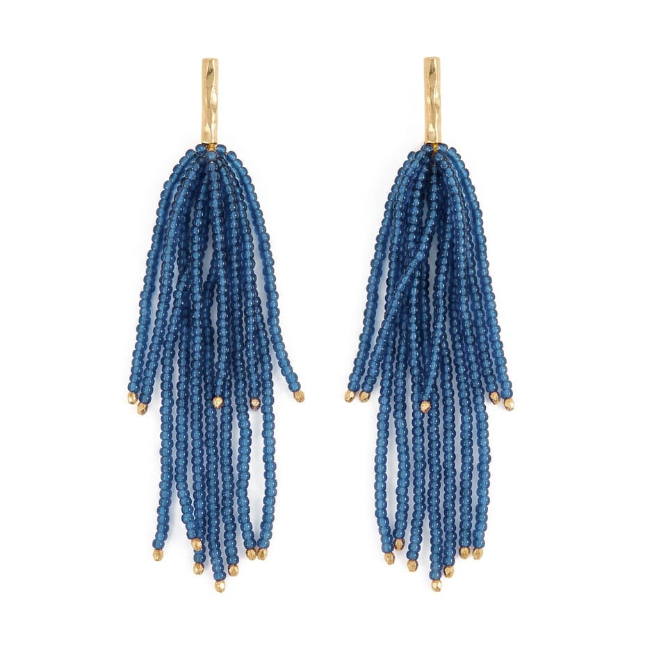 Marissa Brass + Bead Fringe Earrings Blue Fringe