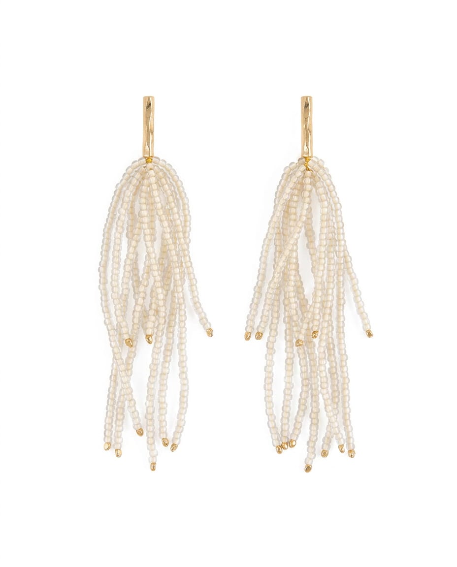Marissa Brass + Bead Fringe Earrings Cream Fringe