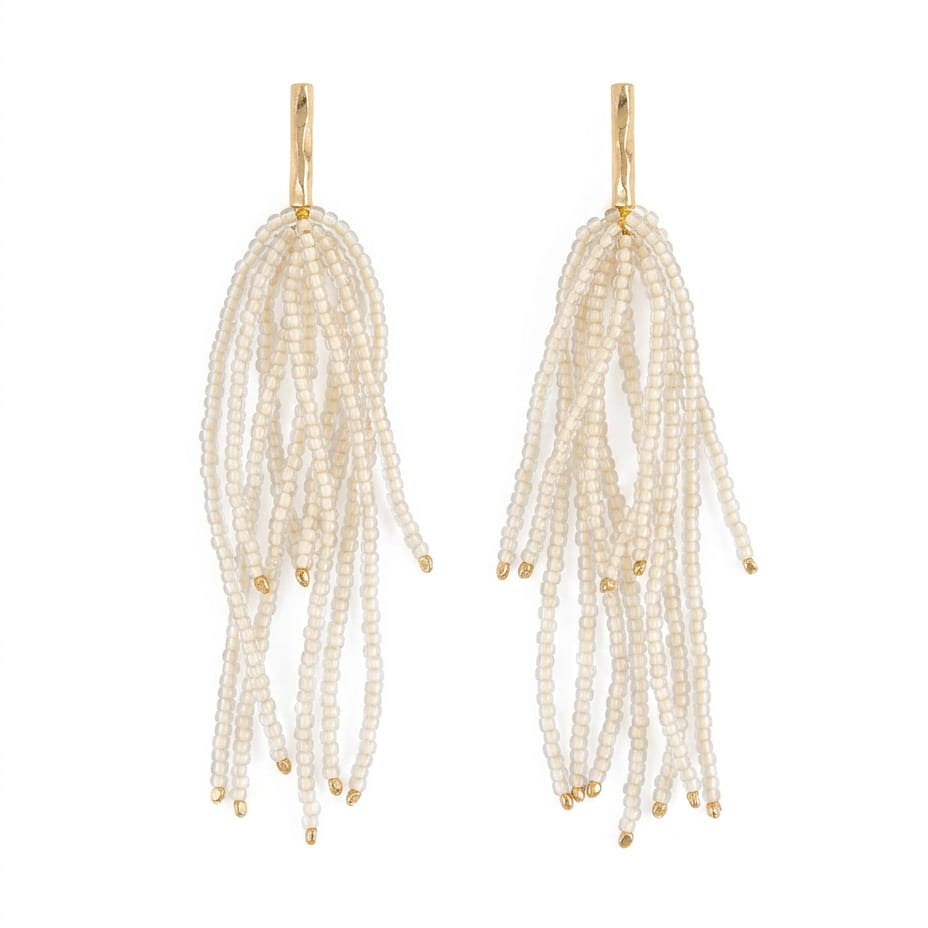 Marissa Brass + Bead Fringe Earrings Cream Fringe