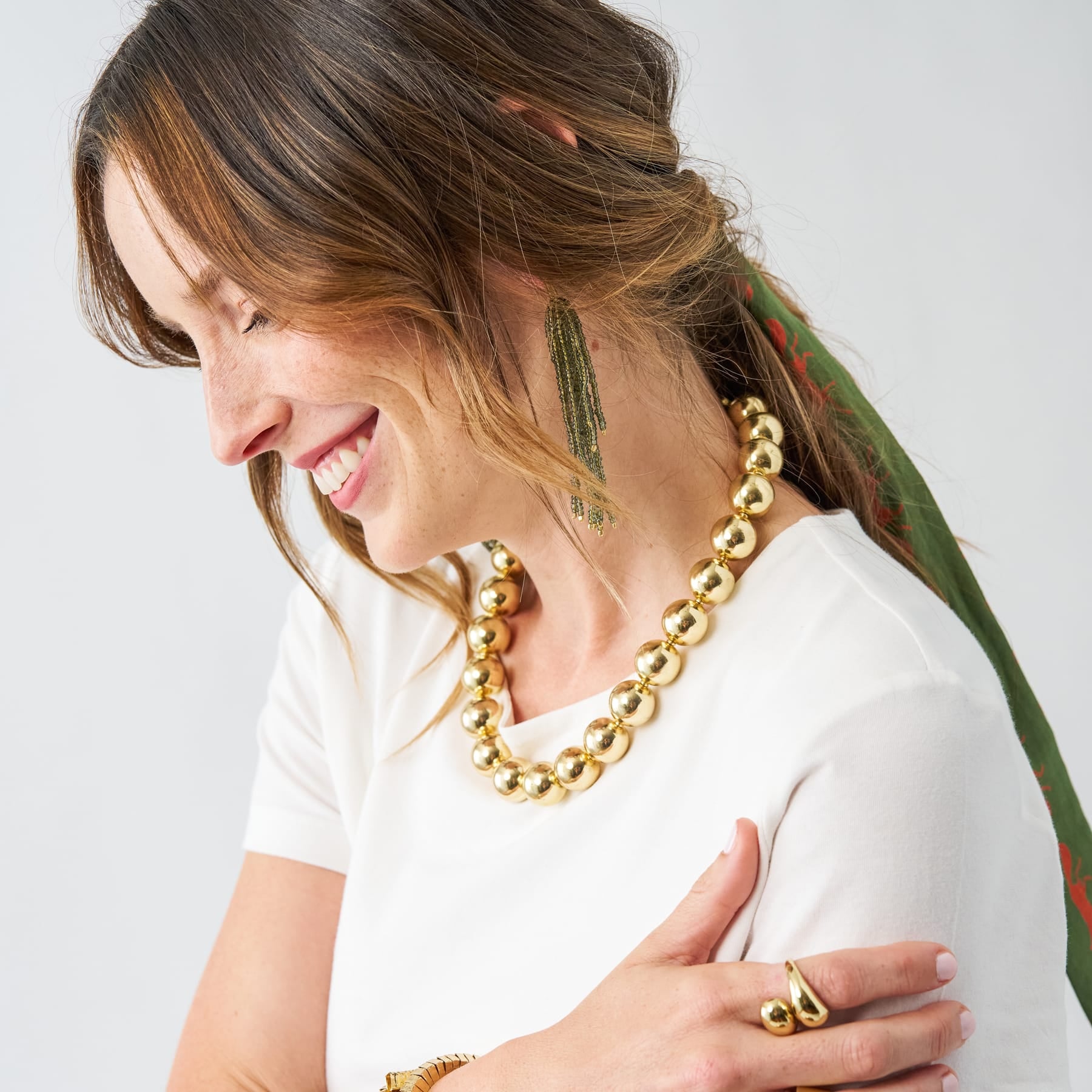 Marissa Brass + Bead Fringe Earrings Olive Fringe