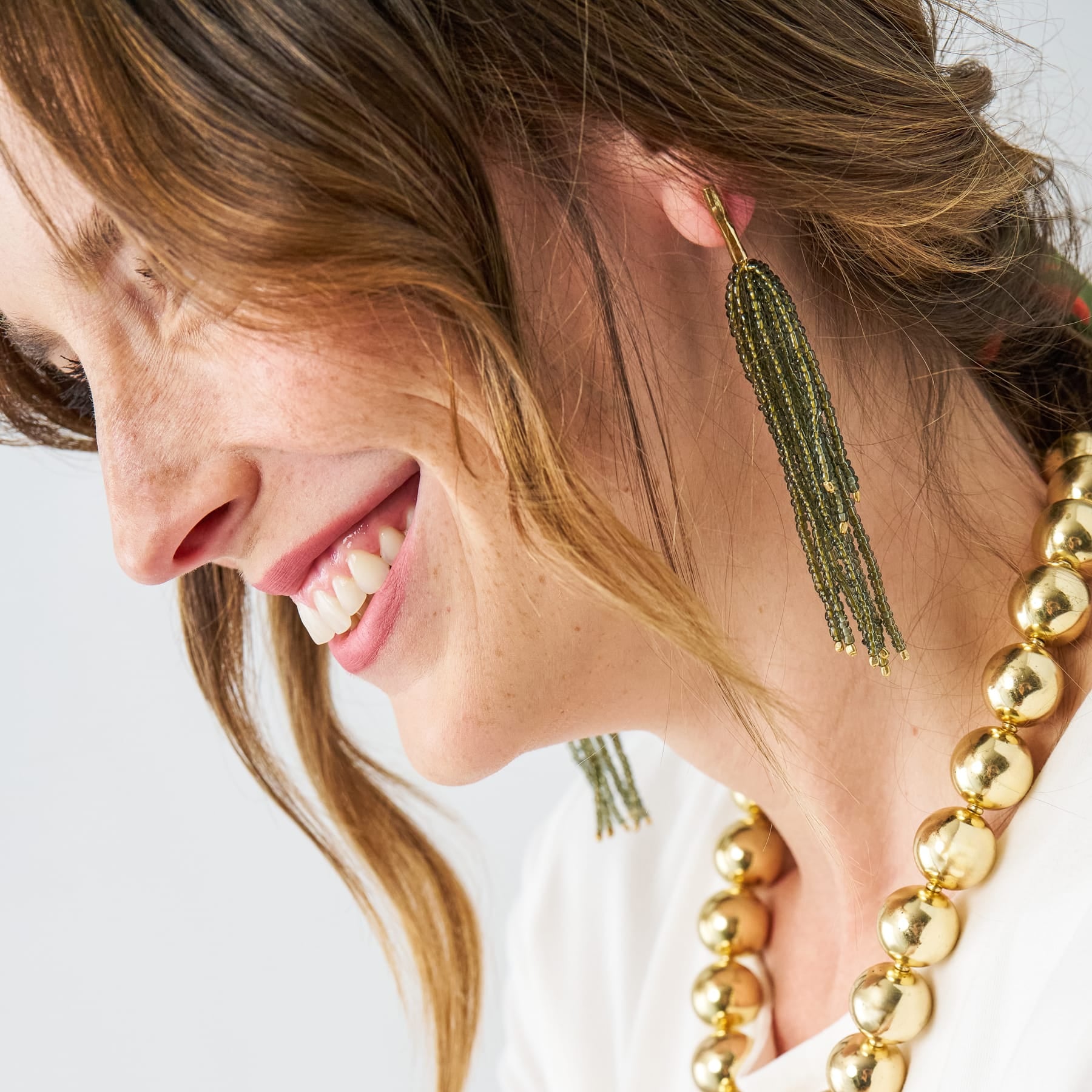 Marissa Brass + Bead Fringe Earrings Olive Fringe