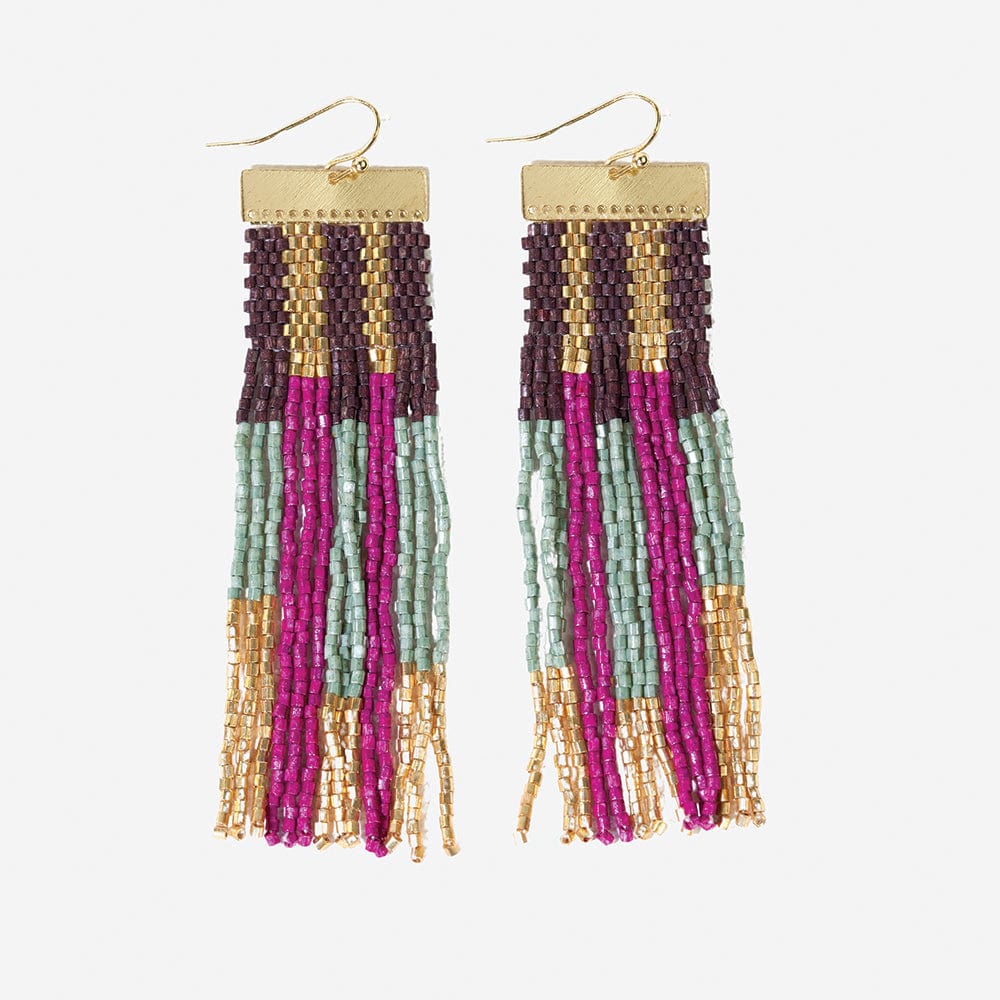 McKenzie Brass Bar Hanger Long Beaded Fringe Earrings Ember Gold and Mint Earrings