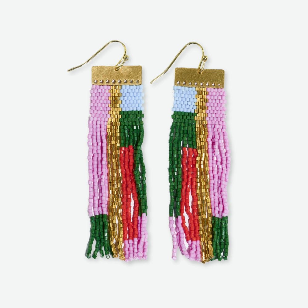 McKenzie Brass Bar Hanger Long Beaded Fringe Earrings Pink and Light Blue Earrings