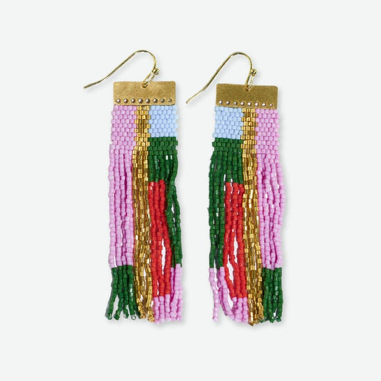 McKenzie Brass Bar Hanger Long Beaded Fringe Earrings Pink and Light Blue Earrings