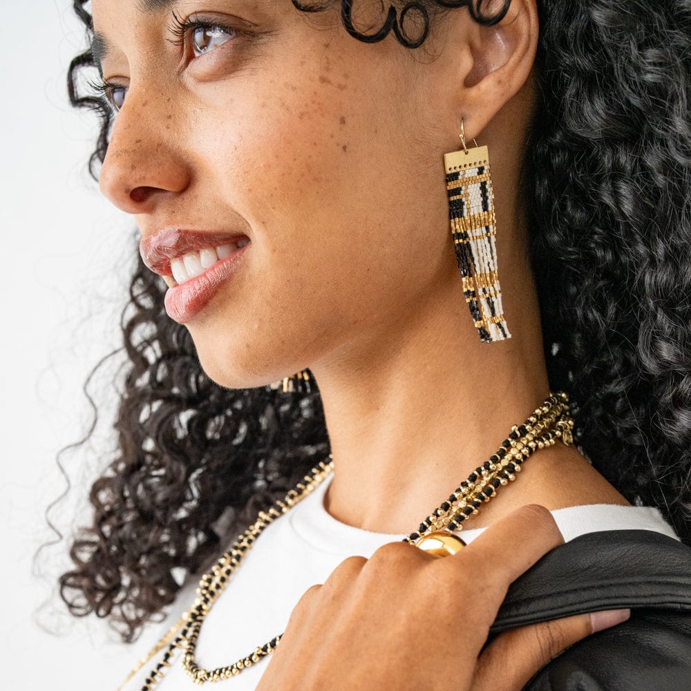 Mckenzie Brass Bar Long Fringe Earrings Black + Gold Fringe
