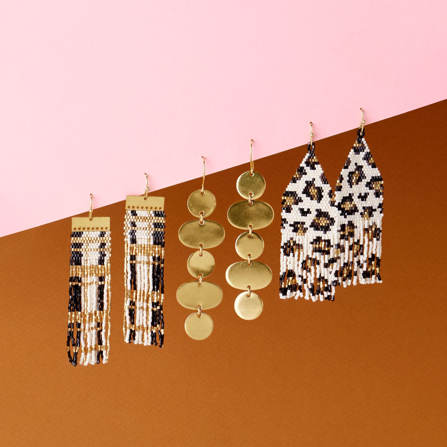 Mckenzie Brass Bar Long Fringe Earrings Black + Gold Fringe