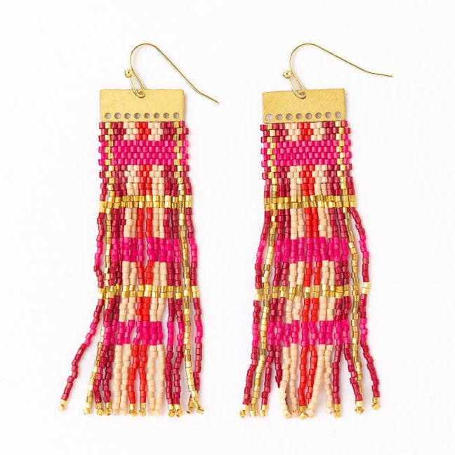 Mckenzie Brass Bar Long Fringe Earrings Hot Pink + Gold Fringe