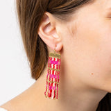 Mckenzie Brass Bar Long Fringe Earrings Hot Pink + Gold Fringe