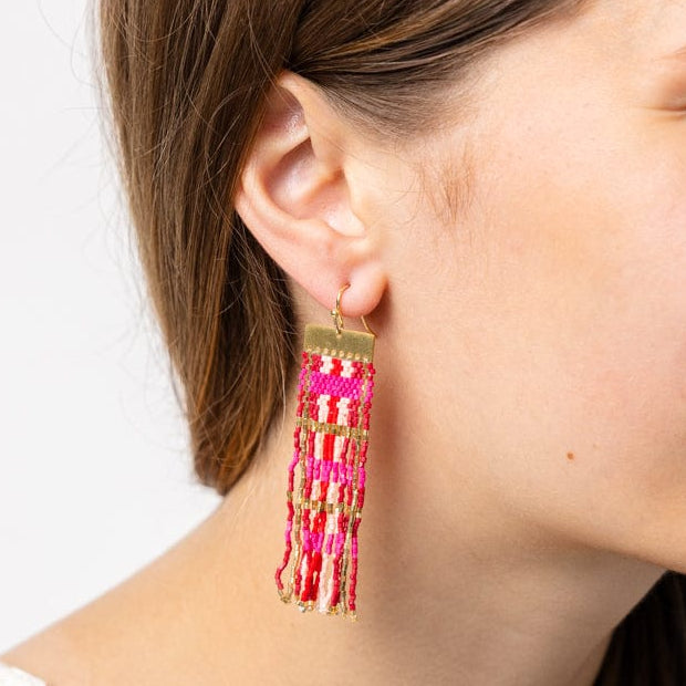 Mckenzie Brass Bar Long Fringe Earrings Hot Pink + Gold Fringe