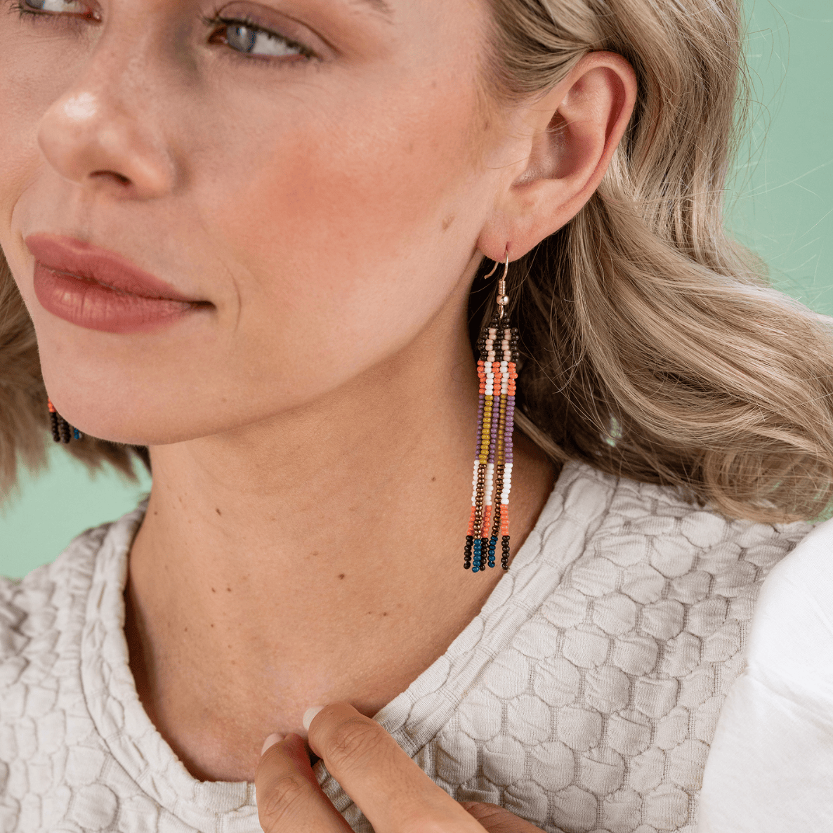 Melissa Alternating Two Color Grids Petite Beaded Fringe Earrings Citron + Coral Fringe Earrings