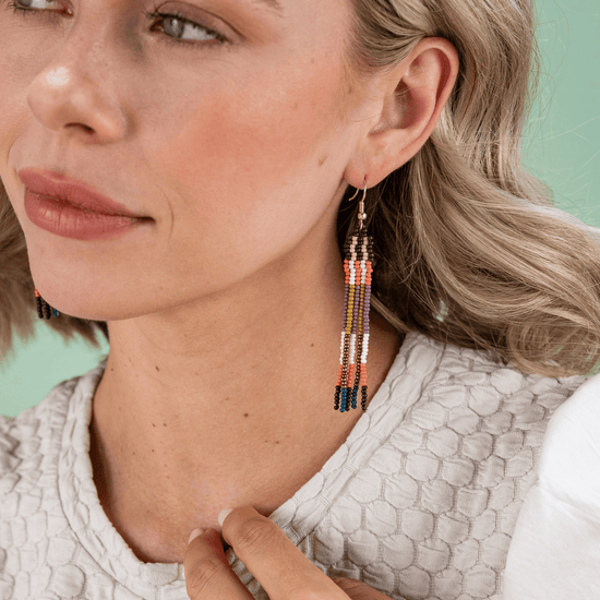 Melissa Alternating Two Color Grids Petite Beaded Fringe Earrings Citron + Coral Fringe Earrings