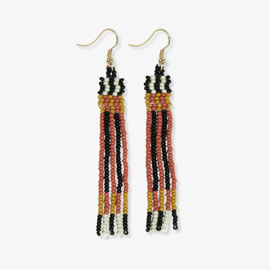 Melissa Alternating Two Color Grids Petite Beaded Fringe Earrings Greens + Rust Fringe Earrings