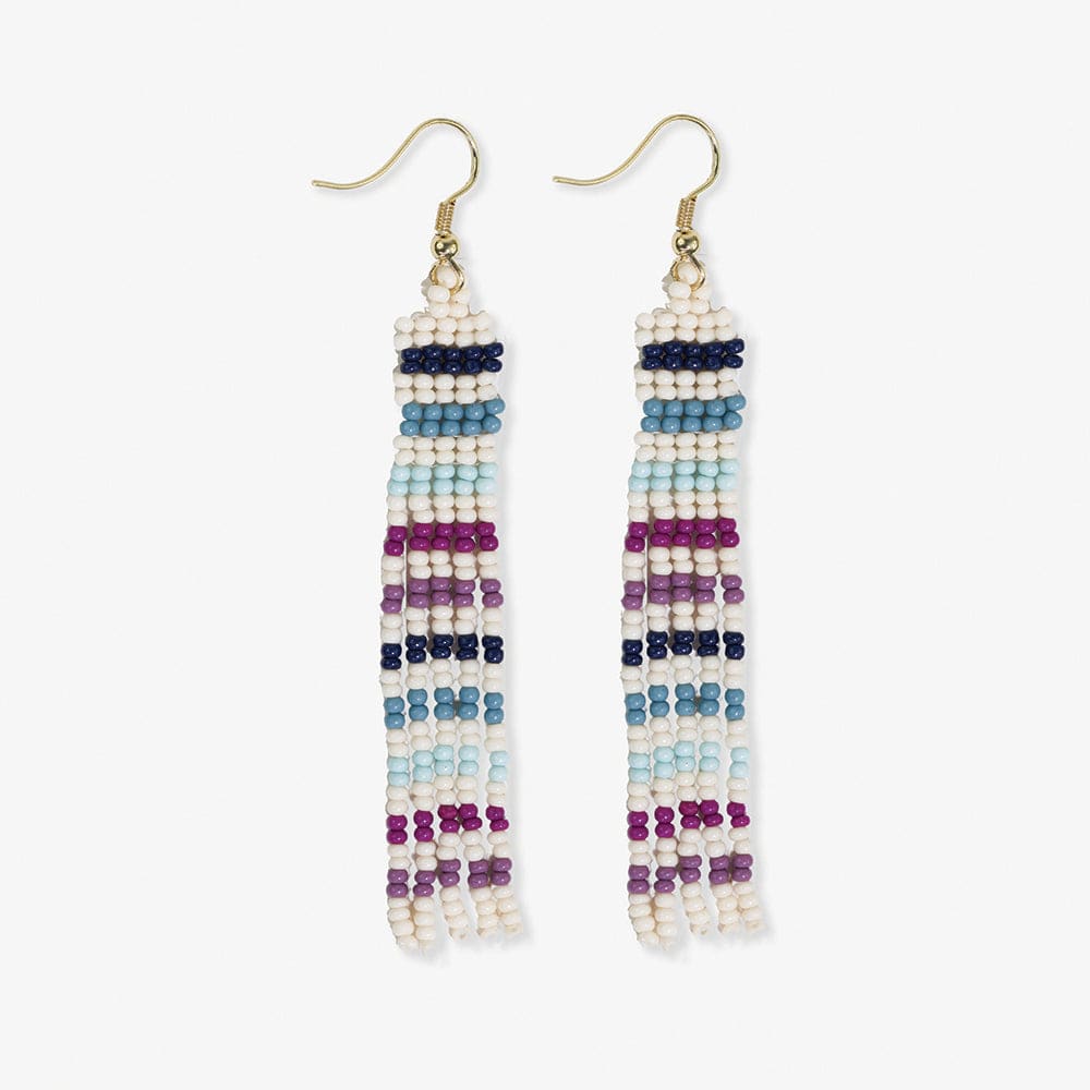 Melissa Horizontal Stripes Petite Beaded Fringe Earrings Blue + Lavender SHORT FRINGE