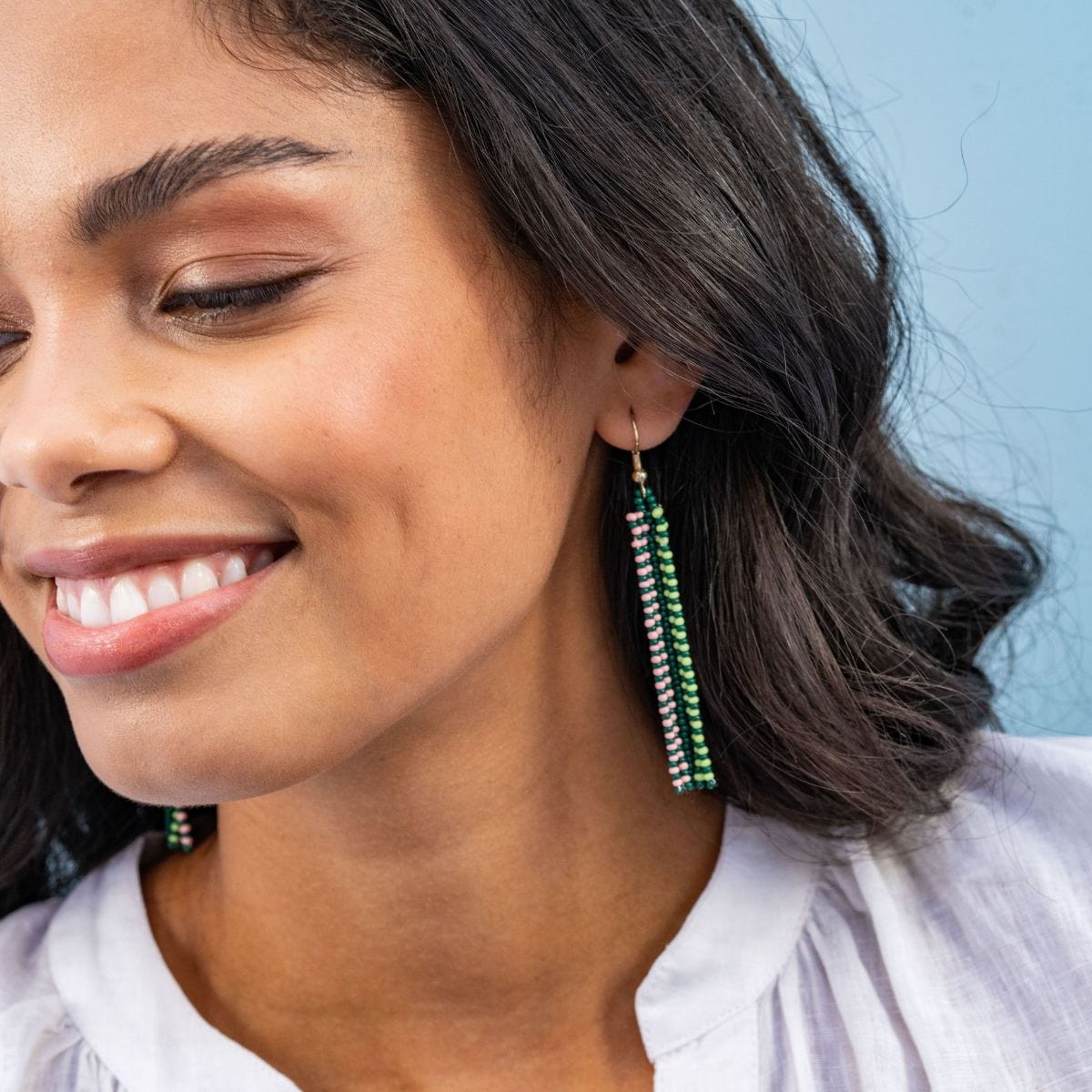 Melissa Speckled Border With Solid Middle Beaded Fringe Earrings Bright Emerald