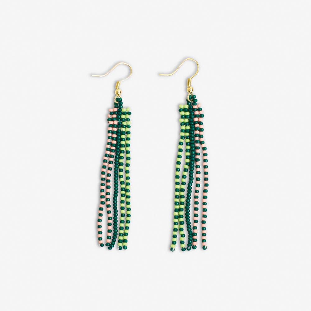 Melissa Speckled Border With Solid Middle Beaded Fringe Earrings Bright Emerald